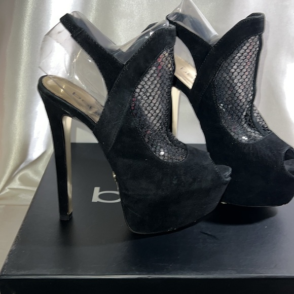 BEBE Suede 6 inch Open Toe Booties Size 6 in Black - Picture 2 of 4